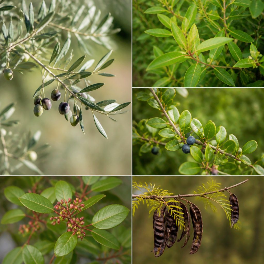 Beş türün künyesi : Maki bitkileri: zeytin, defne, mersin, sakız ve keçiboynuzu